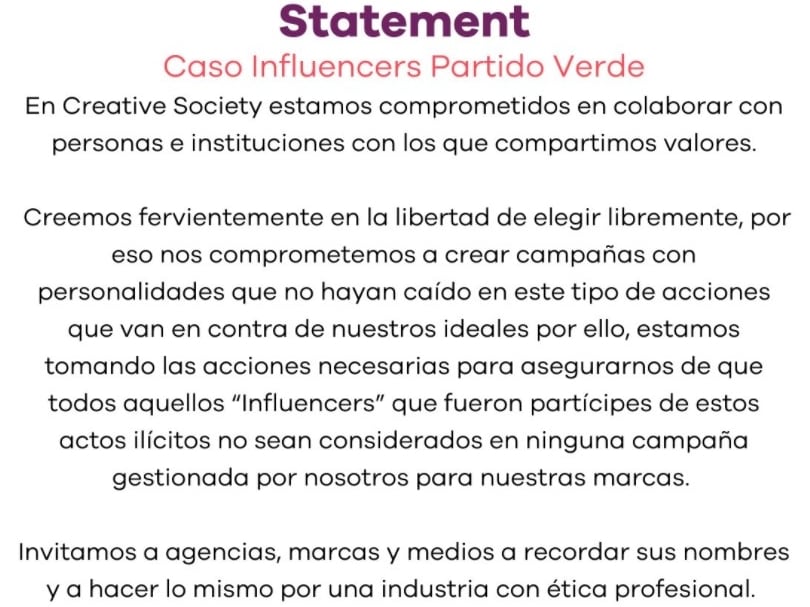 Comunicado de la Agencia Creative Society