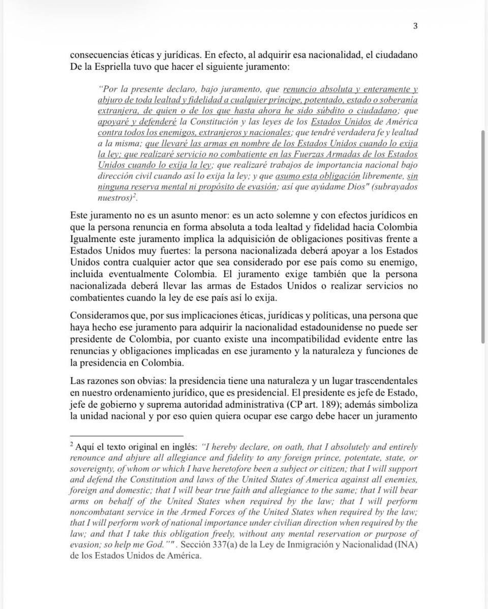 Magistrados emiten documento advirtiendo de la nacionalidad estadounidense de Abelardo de la Espirella en caso de asumir la presidencia de Colombia