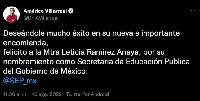 Américo Villarreal felicita a Leticia Ramírez