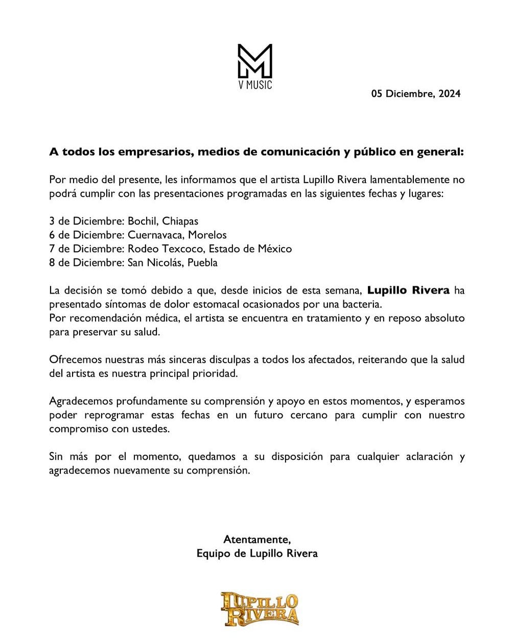 Comunicado de Lupillo Rivera hablando de su estado de salud.