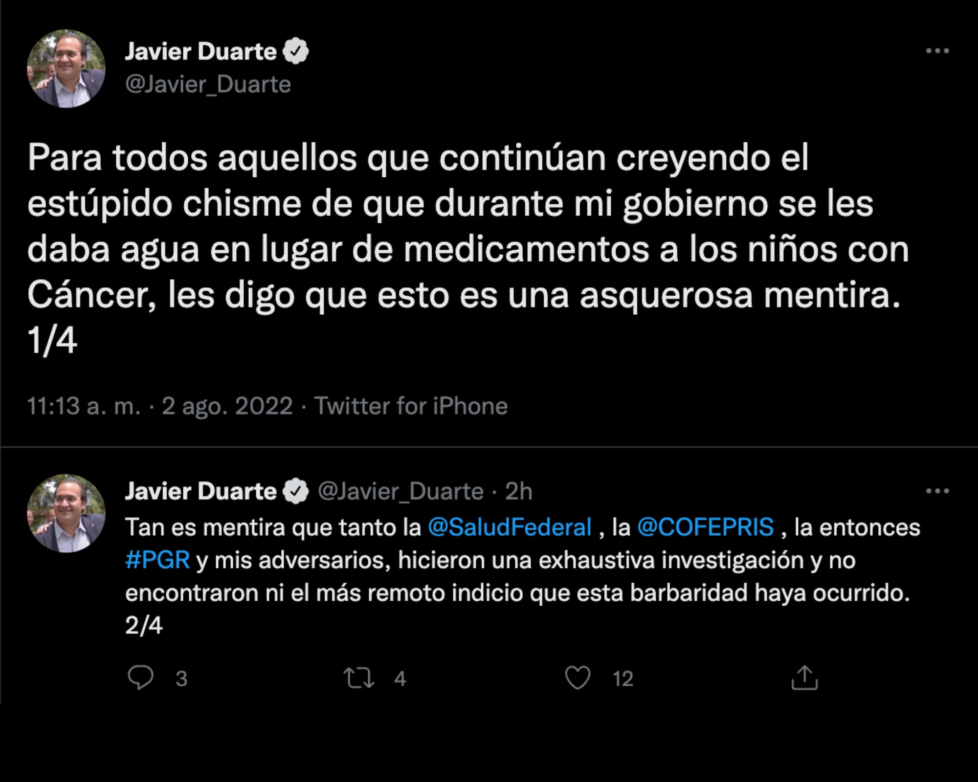 Javier Duarte, desde la cárcel, pide que ya no lo linchen por la mentira de que su gobierno en Veracruz suministró agua a niños con cáncer