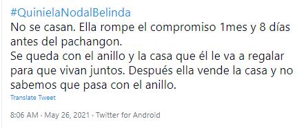 Tweet sobre Belinda y Christian Nodal.