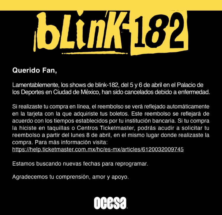 Blink 182 cancela conciertos