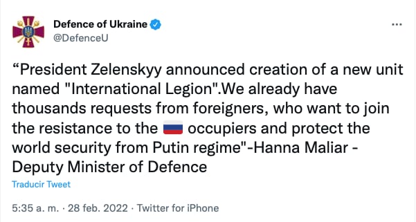Tuit de la Defensa de Ucrania anunciando la creación de la "Legión Internacional"