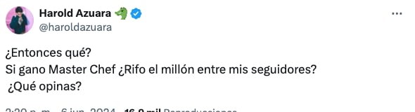Harold Azuara promete rifar el premio de MasterChef Celebrity 2024 si gana