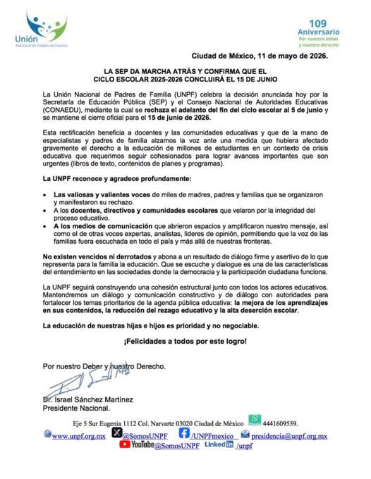 UNPF celebra continuidad del calendario escolar de la SEP