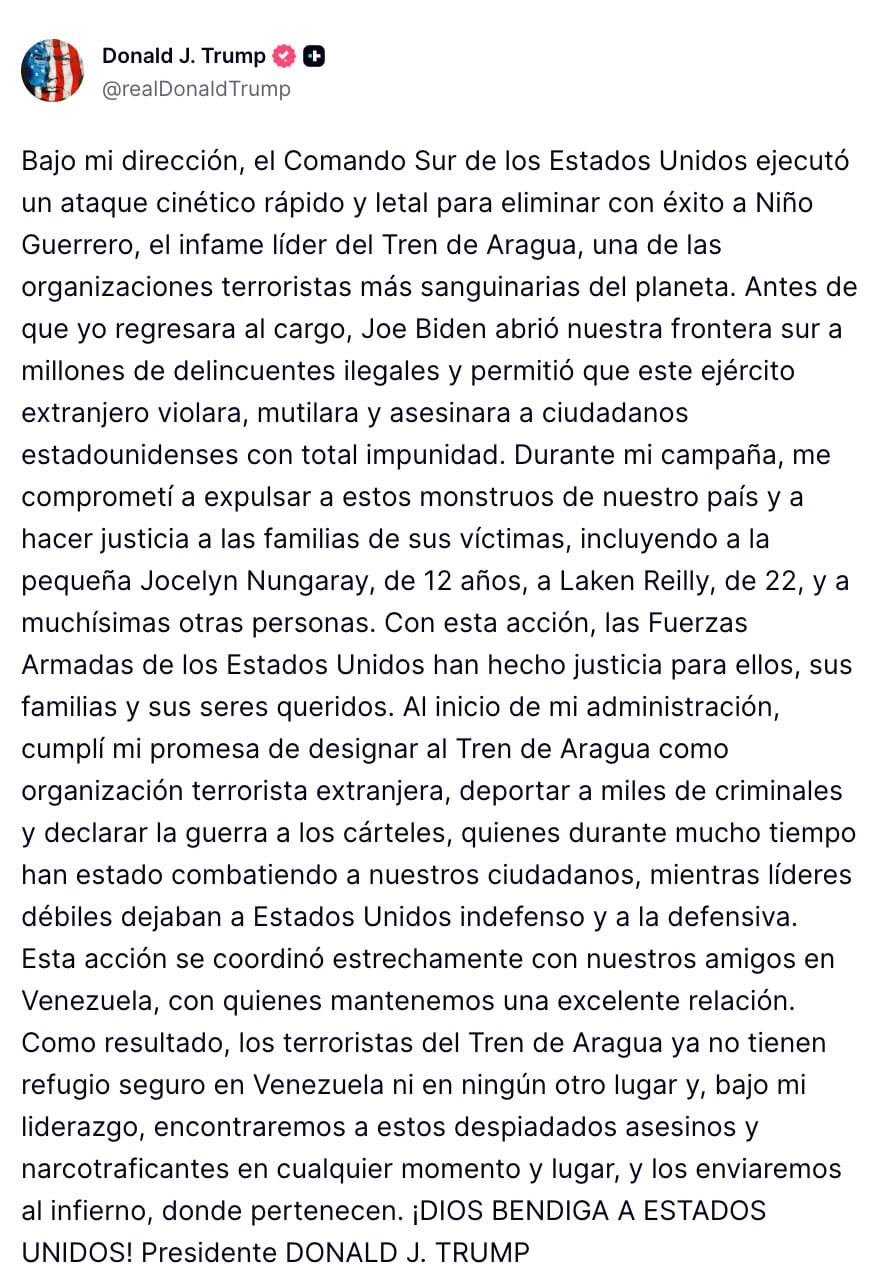 Donald Trump informa muerte de Niño Guerrero, líder del Tren de Aragua