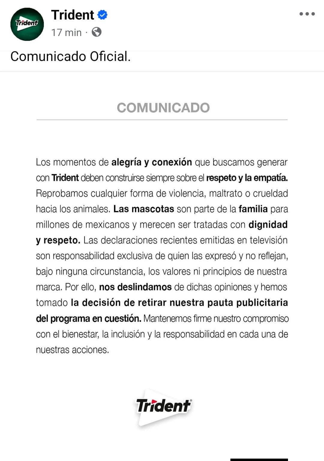 Comunicado de marcas anuncian retiro de su publicidad de Ventaneando
