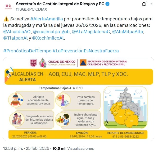 Alcaldías de CDMX estarán bajo alerta amarilla por frío este jueves