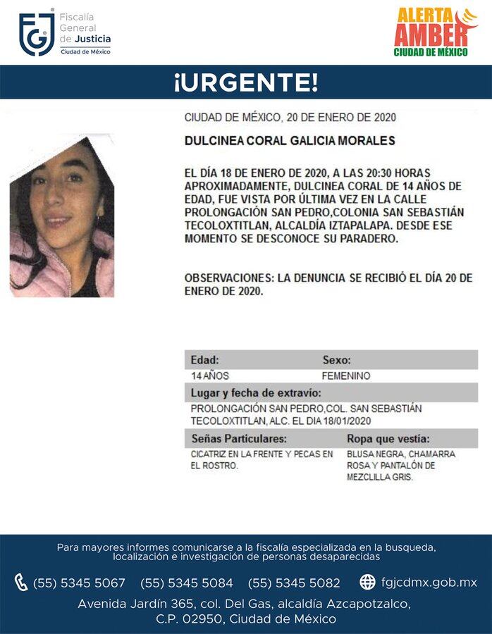 Dulcinea Coral Galicia Morales. Alerta Amber