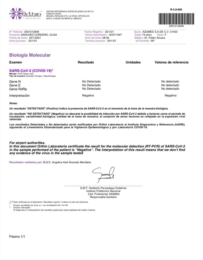 Prueba de coronavirus de Olga Sanchez Cordero