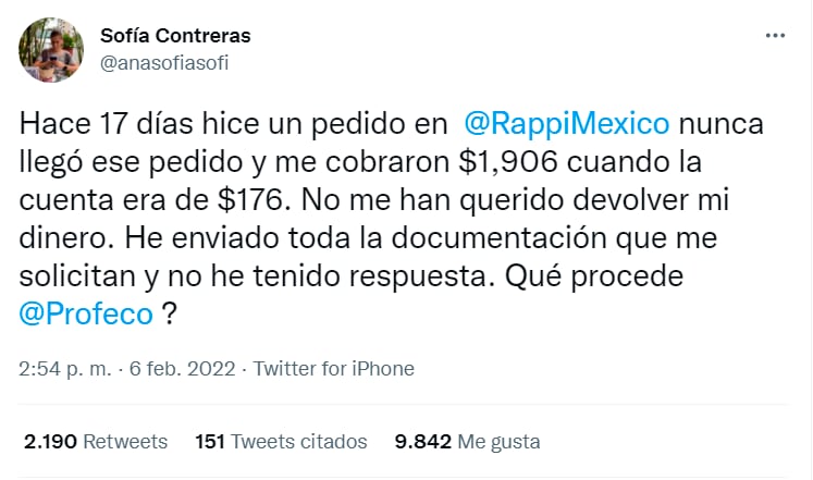 Tuit de queja ante Rappi