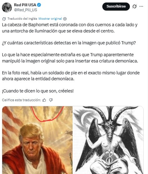 Cabeza de Baphomet que Donald Trump colocó en su imagen como Jesucristo.