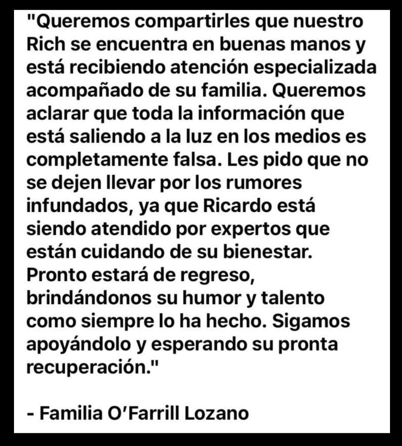 Papá de Ricardo O'Farrill informa que su hijo está bien.