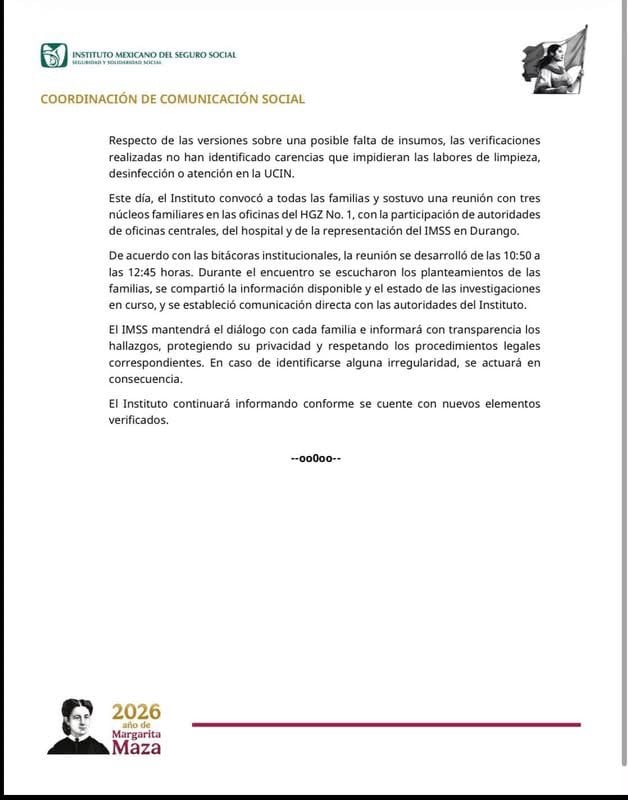 IMSS y Cofepris investigan muerte de cinco bebés en hospital de Durango