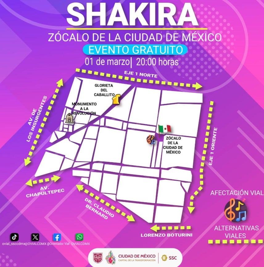 Shakira en el Zócalo: rutas y alternativas viales en CDMX por su concierto