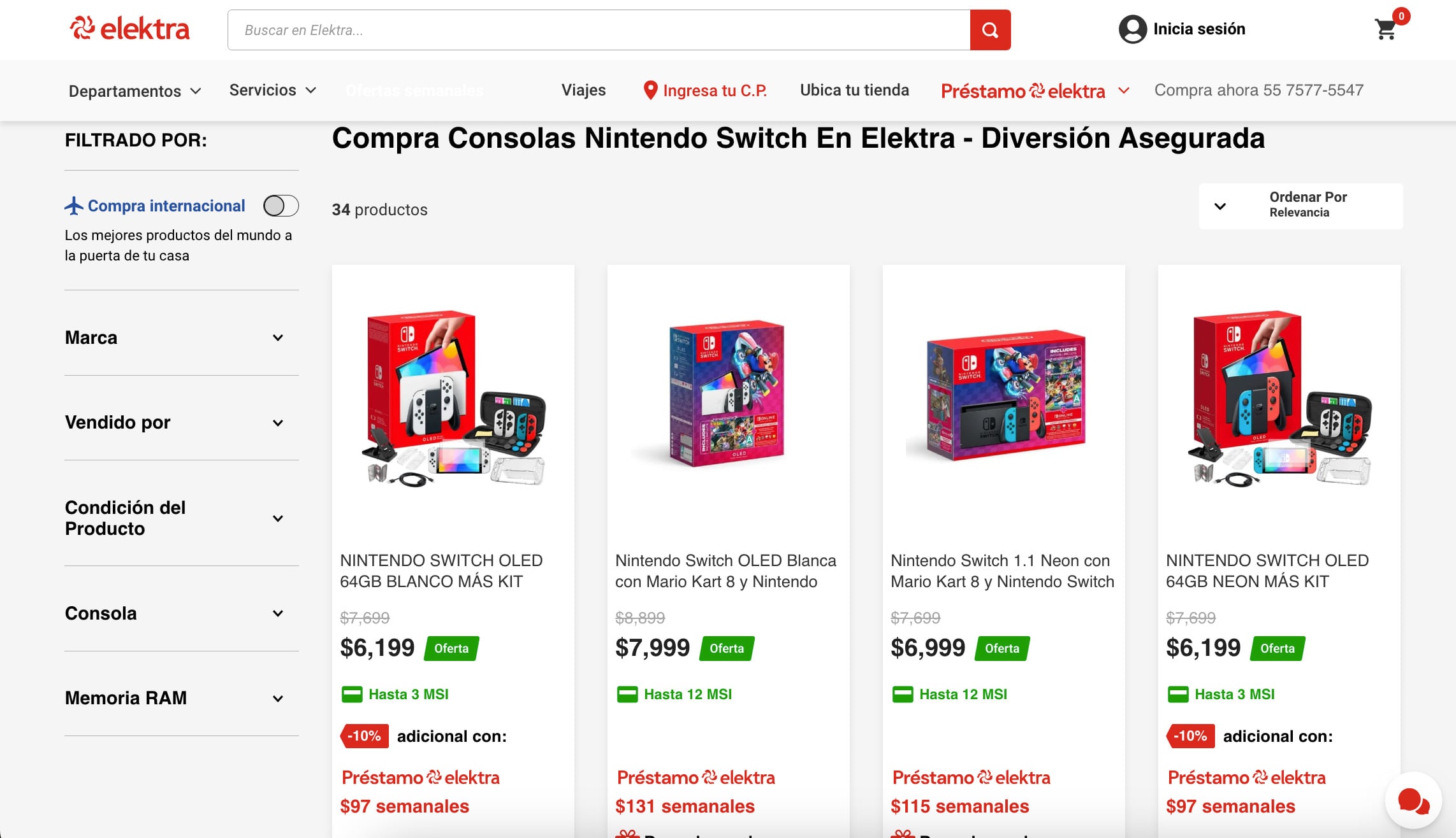 Rebajas en la Nintendo Switch en Elektra
