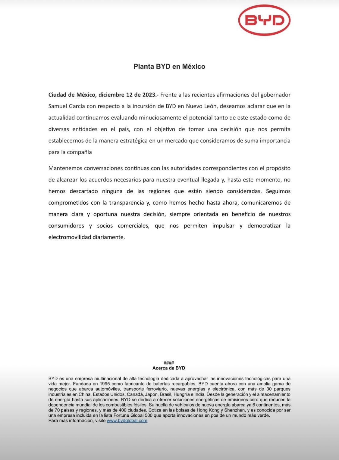 BYD aún analiza la instalación de su planta en Nuevo León