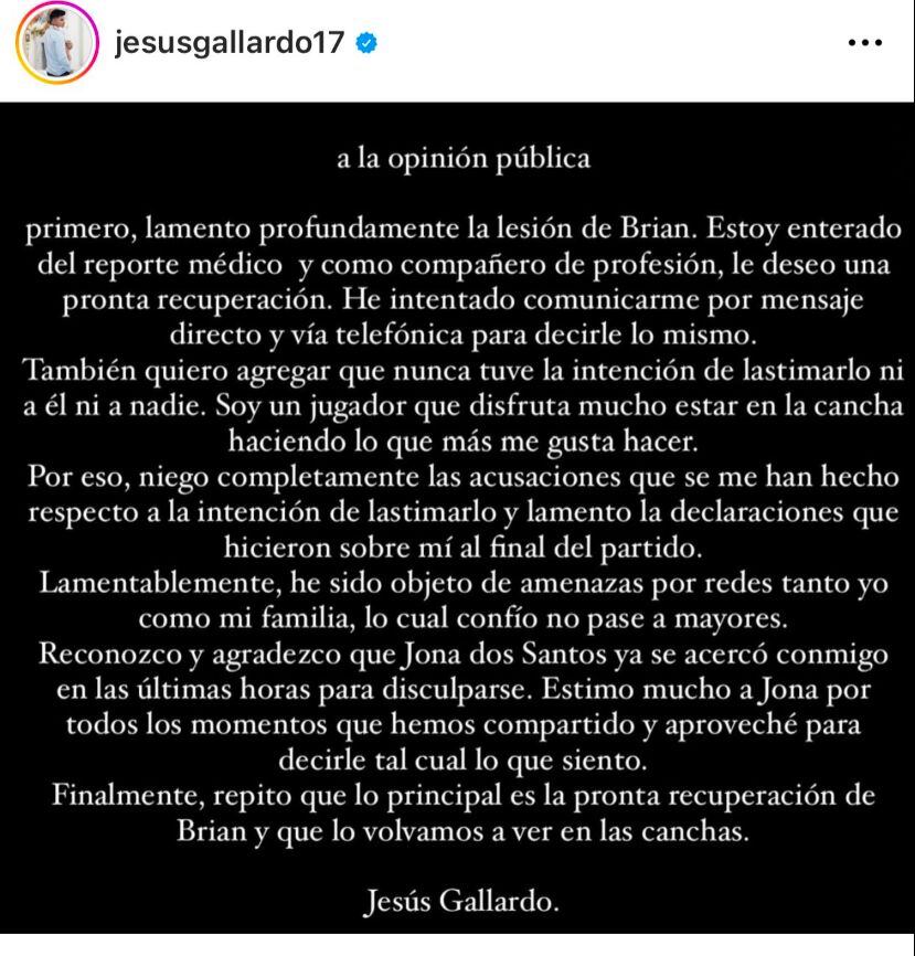 Jesús Gallardo rompió el silencio tras lo ocurrido con Brian Rodríguez el sábado pasado.