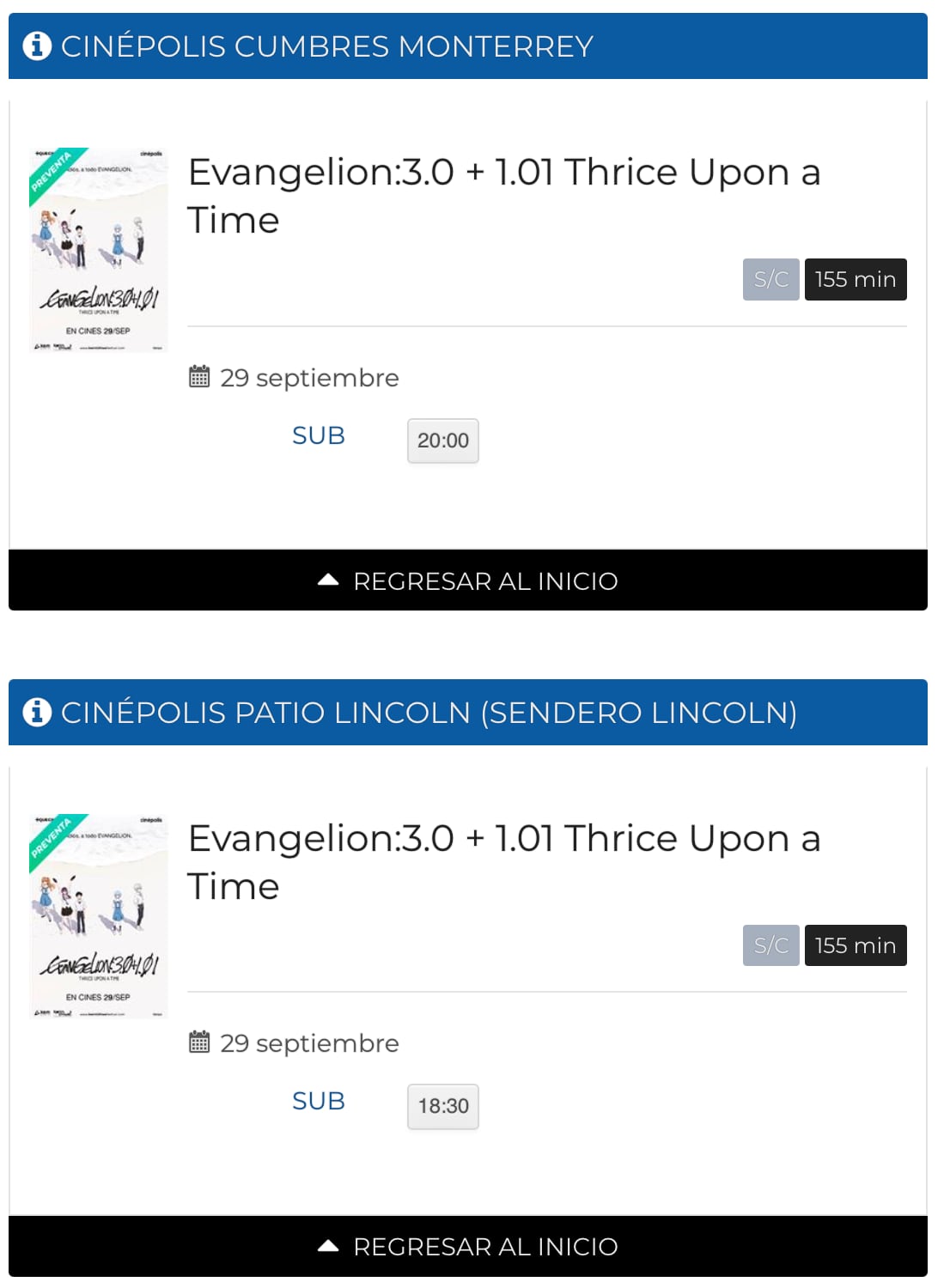 Evangelion 3.0+1.0 Horarios