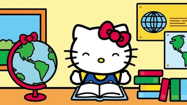 Dibujos de Hello Kitty en la escuela para colorear por el Día del Maestro