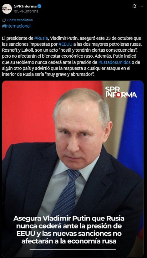 Putin califica de “hostiles” las sanciones de Estados Unidos a petroleras rusas