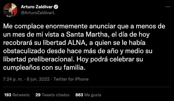 Arturo Zaldívar anuncia libertad de presa tras visita Santa Martha