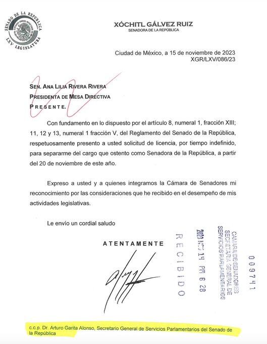 Xóchitl Gálvez pide licencia a la Cámara de Senadores