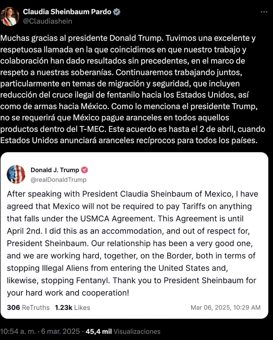 Claudia Sheinbaum agradece a Donald Trump