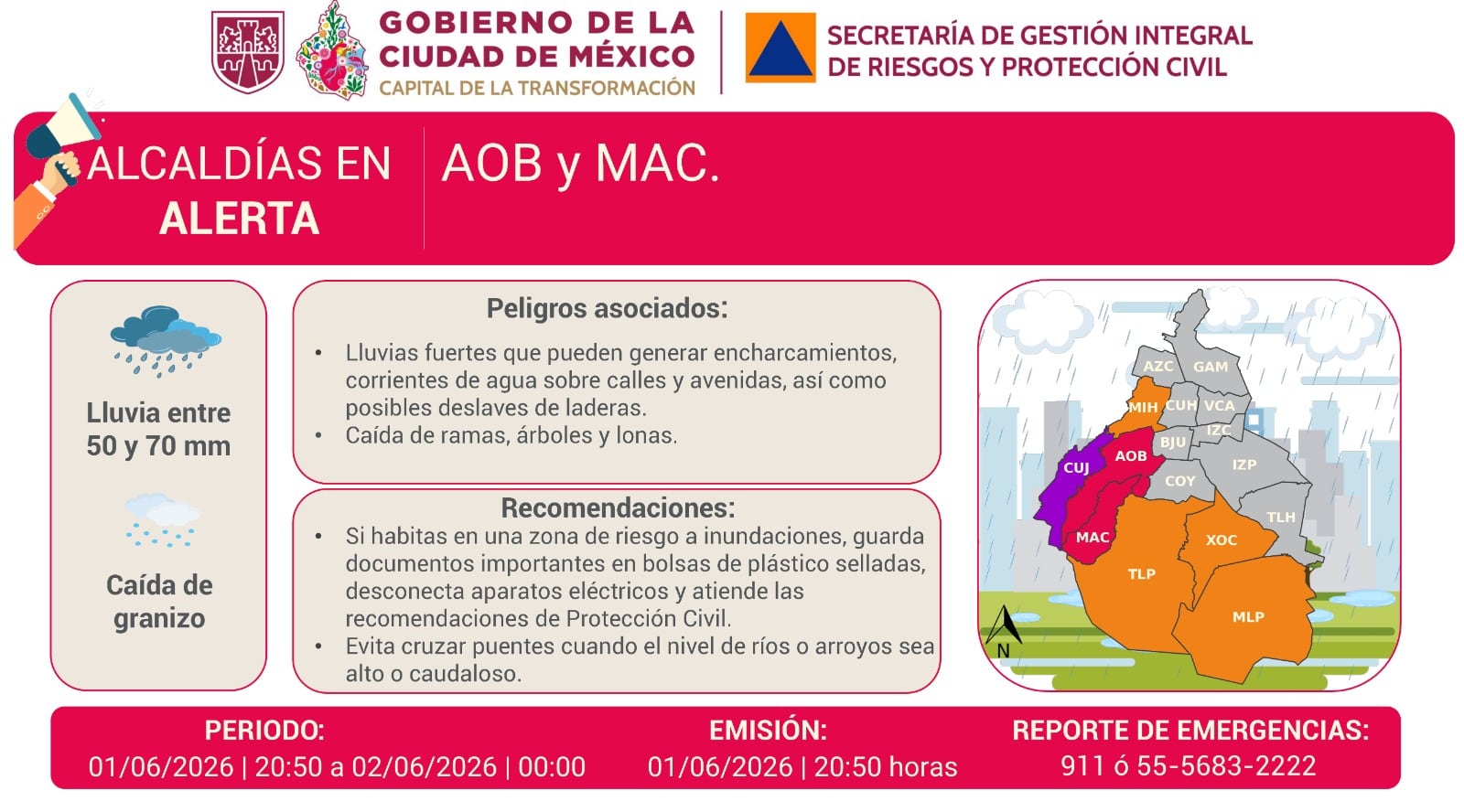 Alerta roja en Álvaro Obregón y Magdalena Contreras por lluvias intensas