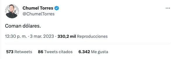 Chumel Torres tuitea sobre el peso