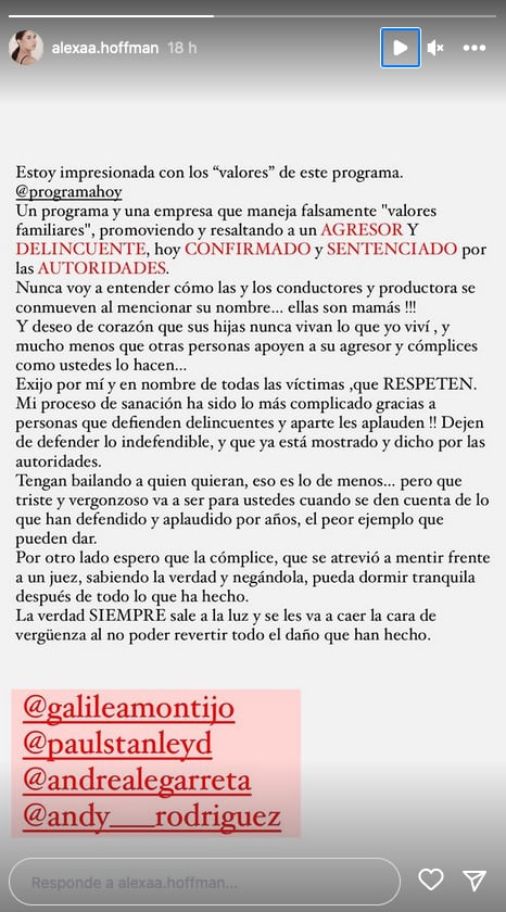 Alexa Hoffman critica la participación de Daniela Parra en Las Estrellas bailan en Hoy.