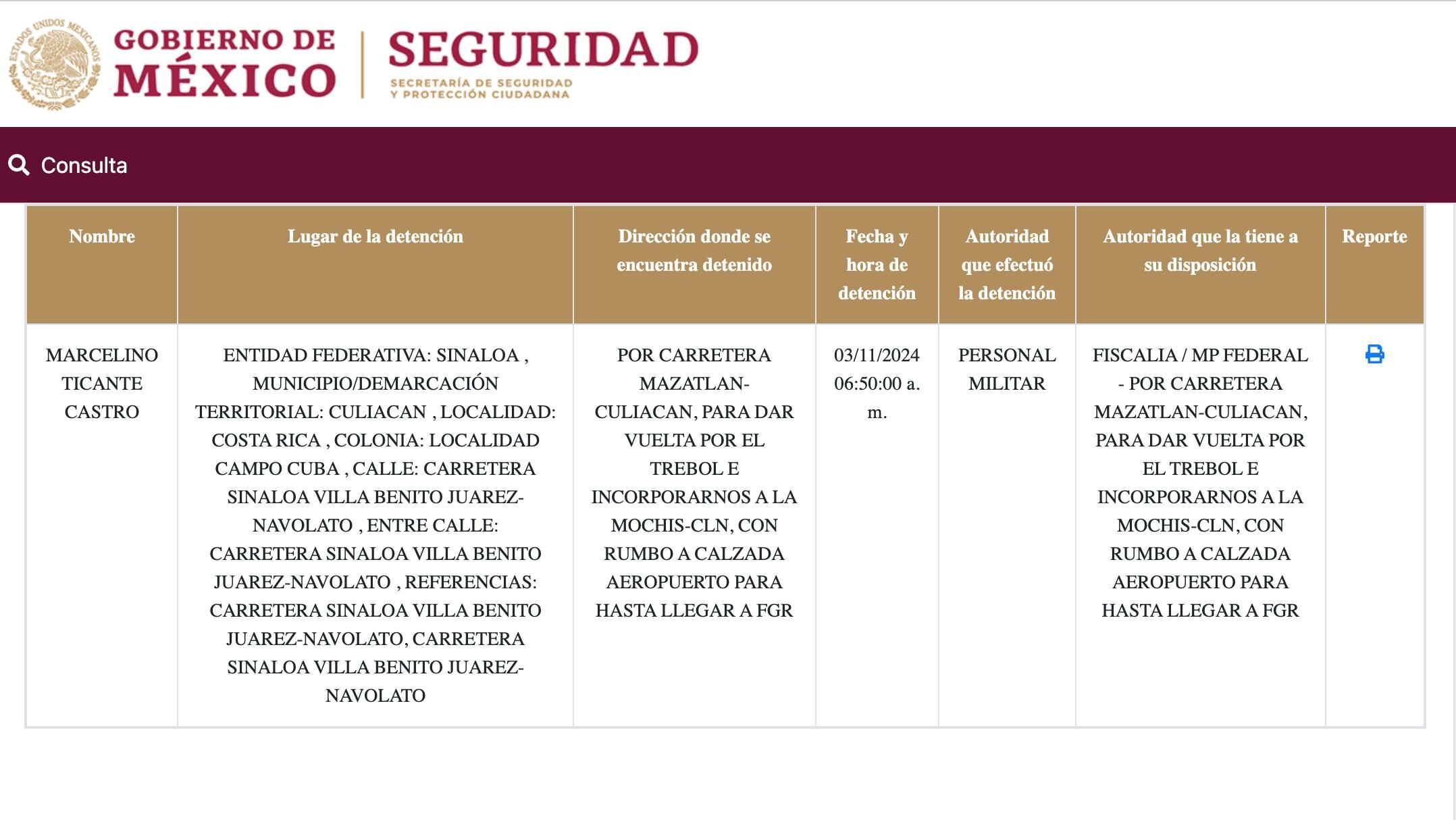 Registro de detención de “el Fantasma”