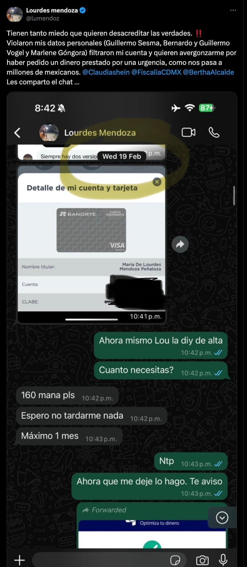 Exhiben a Lourdes Mendoza por préstamo de 160 mil pesos