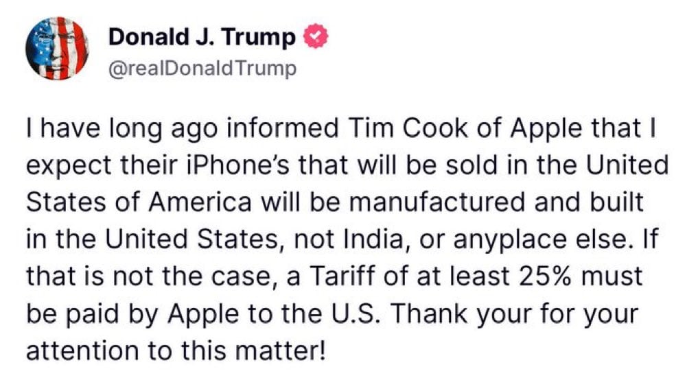 Donald Trump advierte 25% de aranceles sobre iPhone si no se fabrican en Estados Unidos