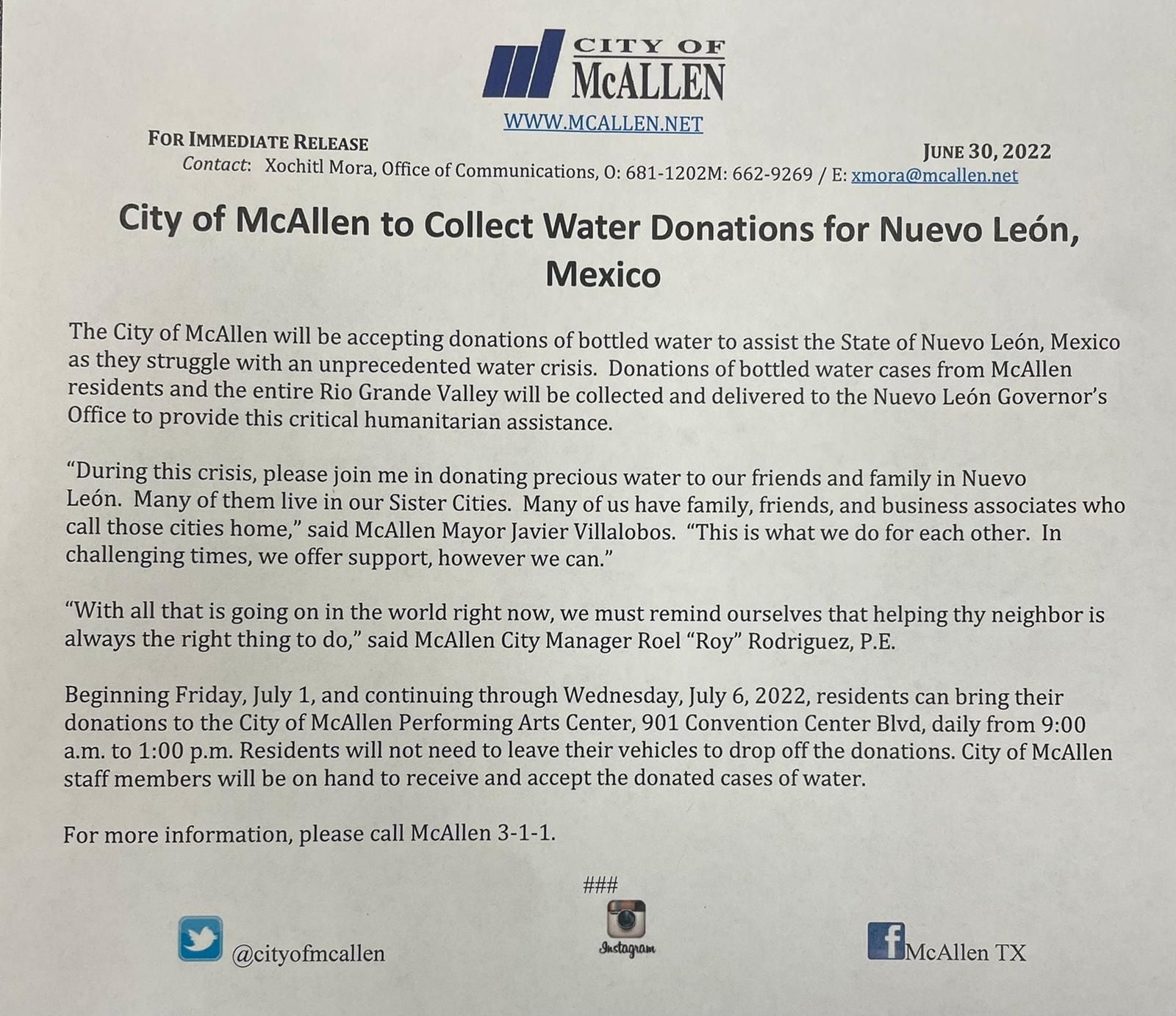 Comunicado de McAllen sobre donaciones de agua al estado de Nuevo León