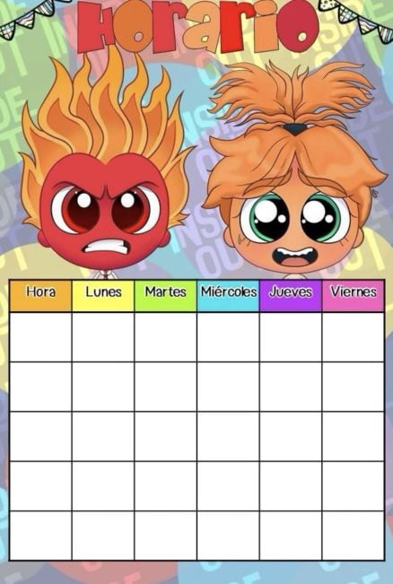 Horario escolar de Intensamente 2 para imprimir de Furia y Ansiedad