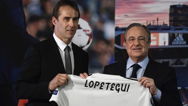 Lopetegui, acompañando de Florentino Pérez, fue presentado como entrenador del Real Madrid.