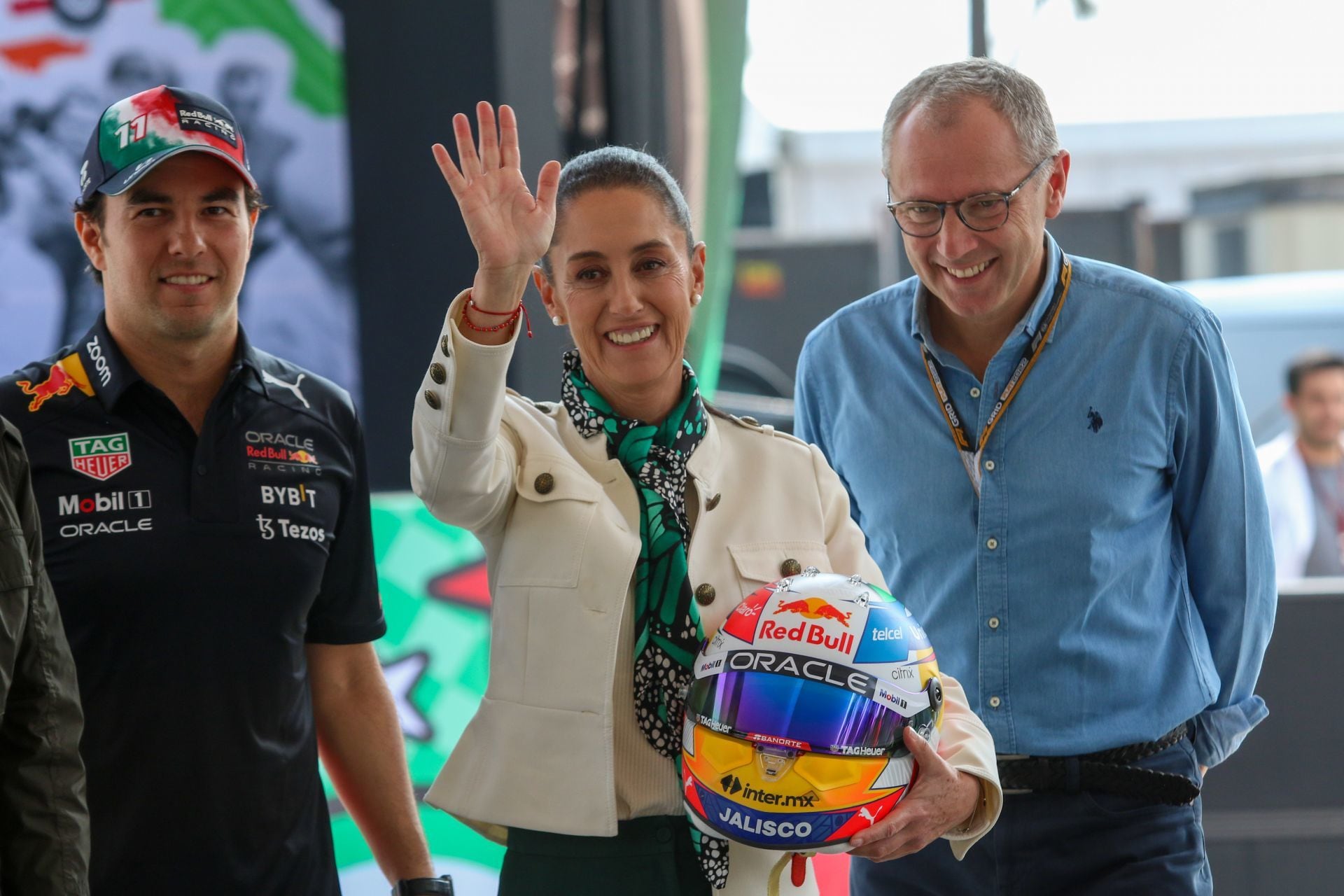Claudia Sheinbaum, Checo Pérez y Stefano Domenicali