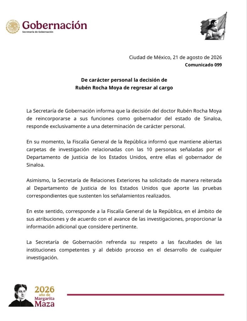 La Secretaría de Gobernación informó que Rubén Rocha Moya decidió reincorporarse a sus funciones como gobernador de Sinaloa