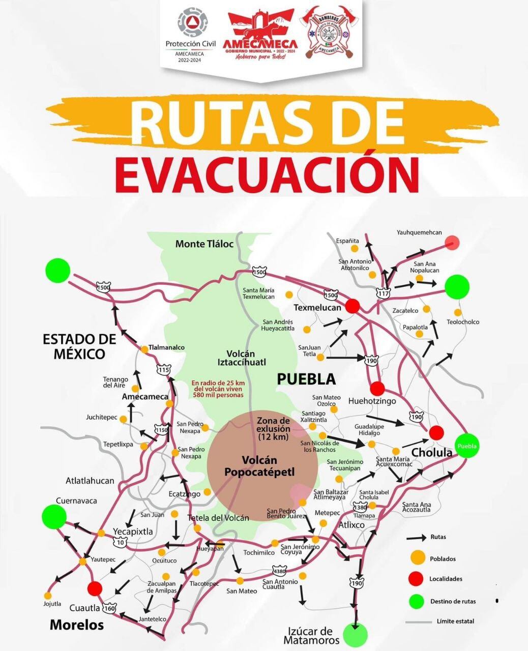 Si la amenaza del Volcán Popocatépetl crece, esta será la ruta de evacuación