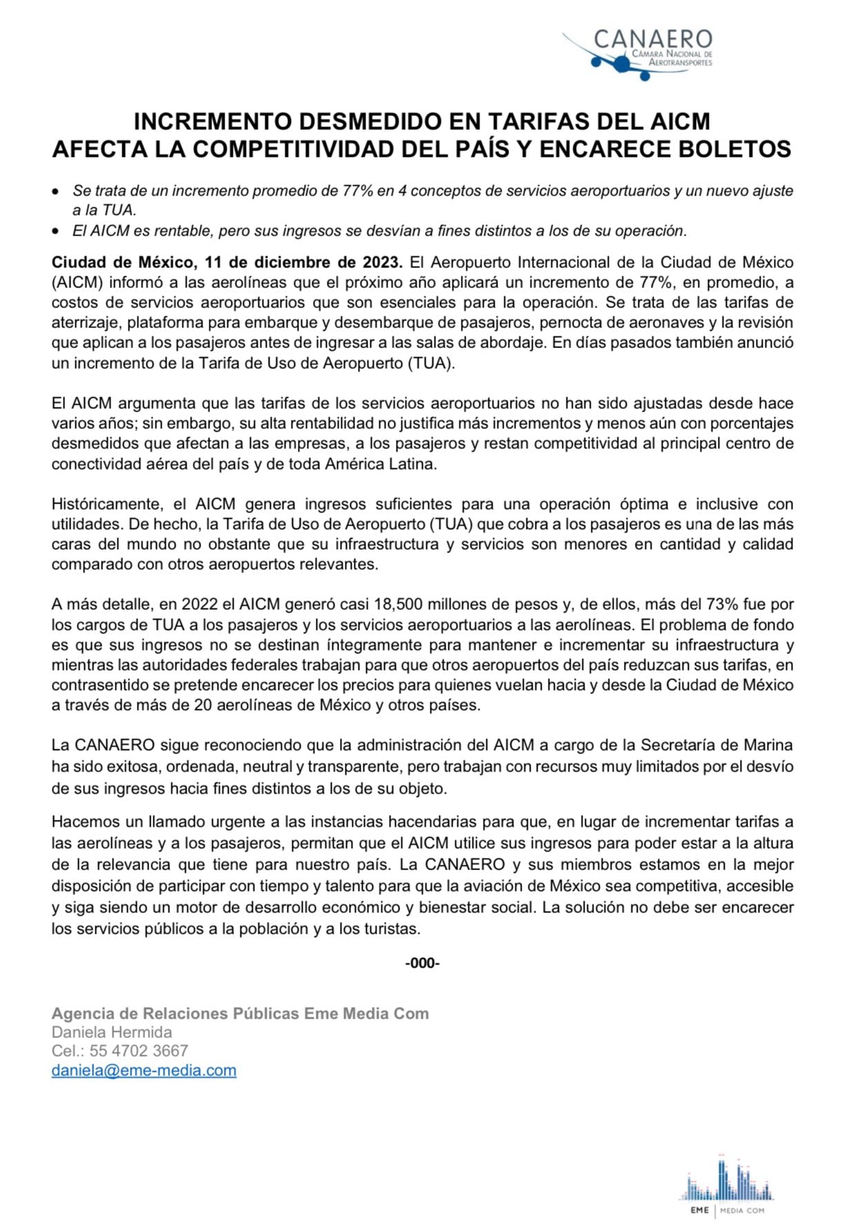 Comunicado CANAERO sobre incremento del TUA en el AICM