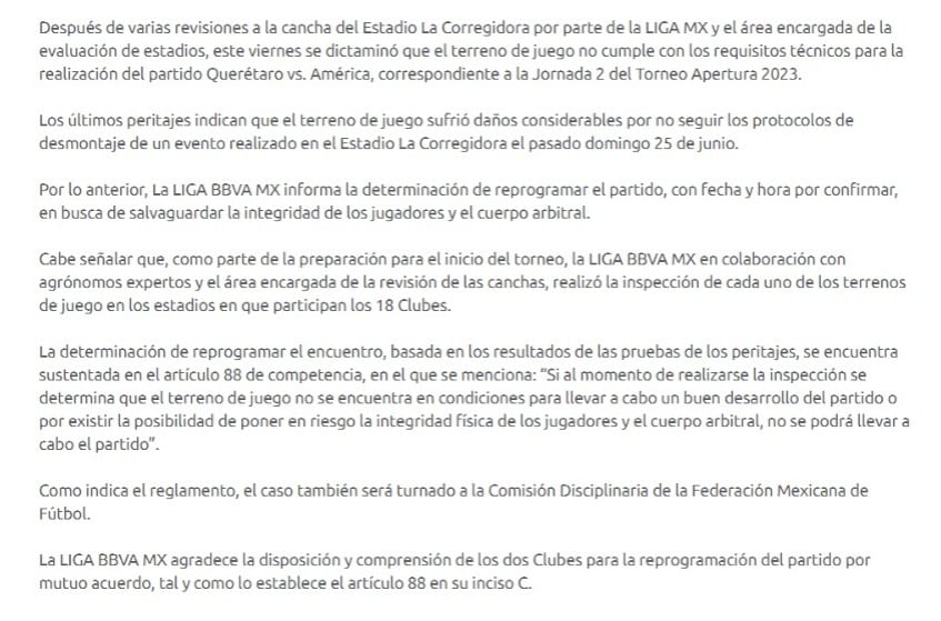 La Liga MX determinó la reprogramación del juego entre el Querétaro FC y el Club América para la Jornada 2 del Apertura 2023.