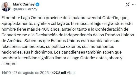 Mark Carney defiende el nombre del lago Ontario ante Trump