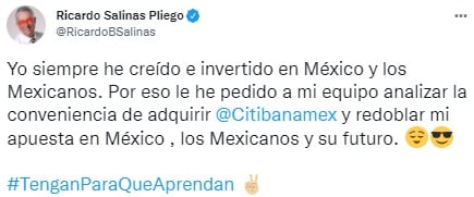 Ricardo Salinas dice que podría comprar Citibanamex