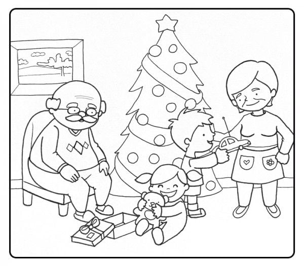 Dibujo del árbol de Navidad con los abuelos para colorear