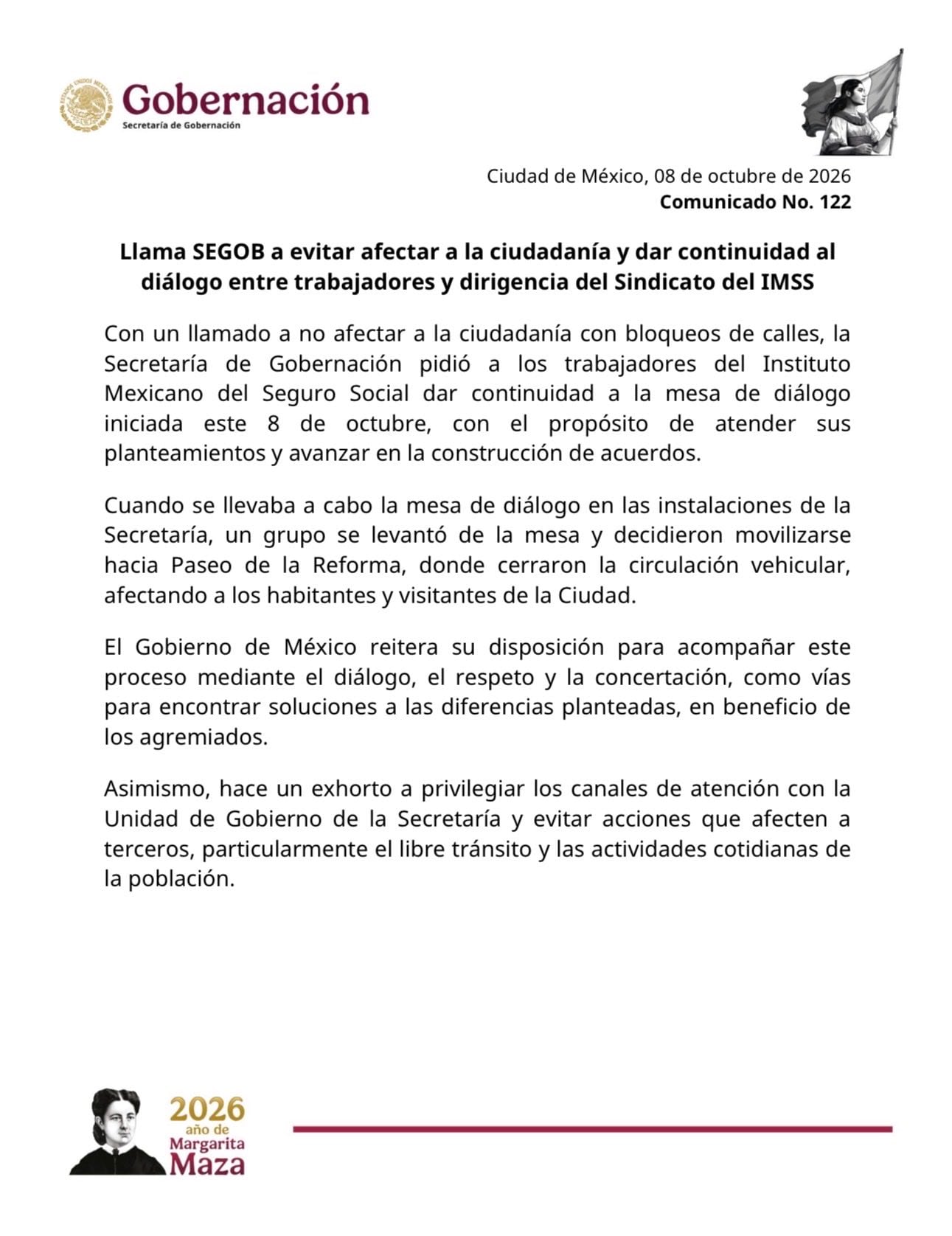 Segob pidió mantener el diálogo con trabajadores del IMSS