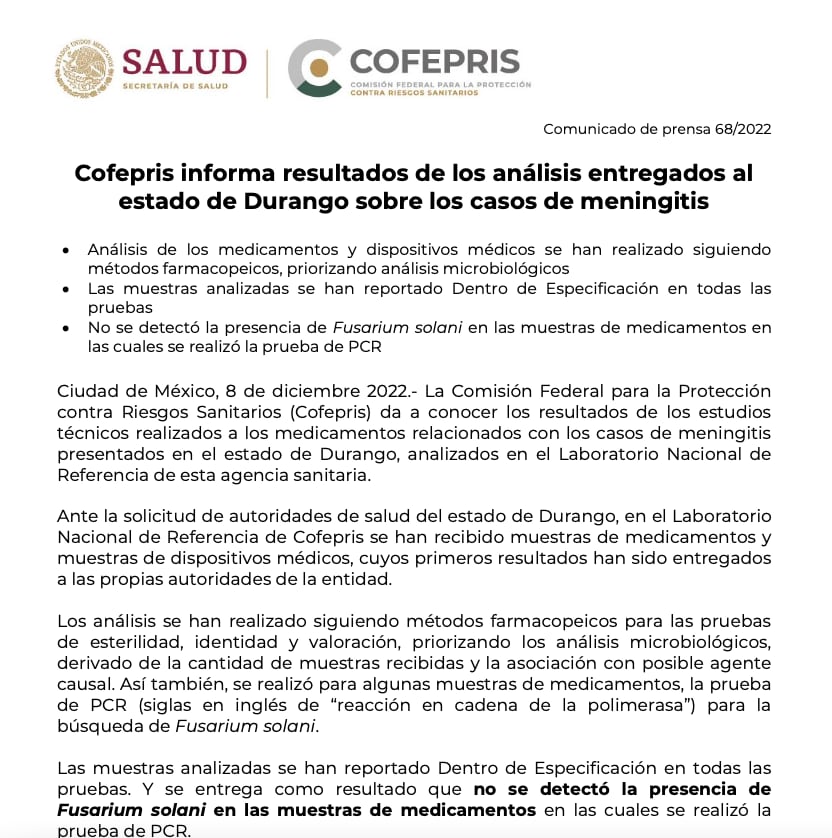 Comunicado Coferpis sobre análisis en Durango