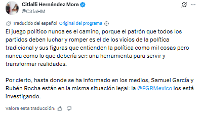 Citlalli Hernández confronta a Máynez por Rubén Rocha y Samuel García