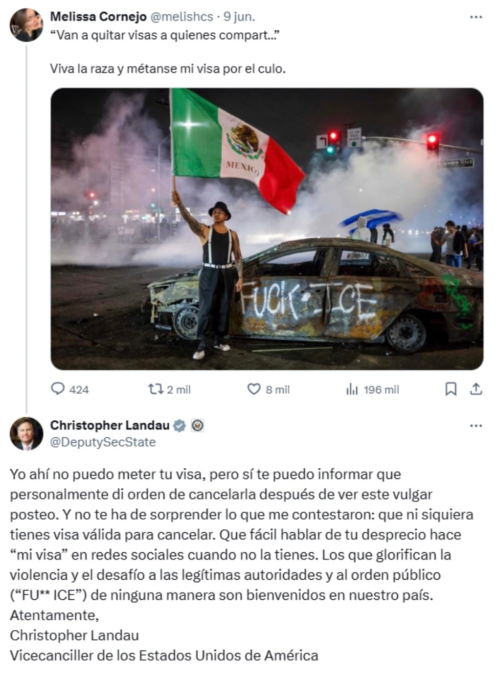 Estados Unidos le cancela su visa a Melissa Cornejo; esto dijo Christopher Landau